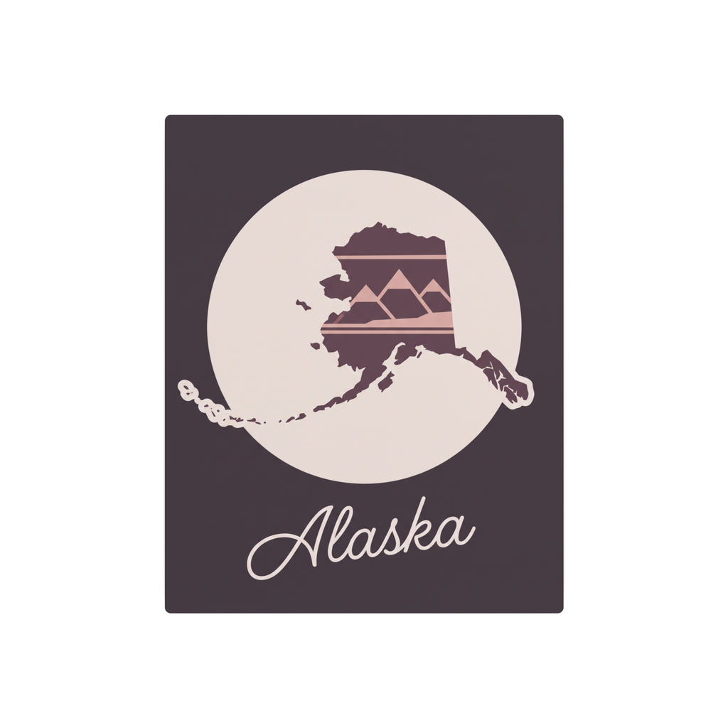 Mauve metal wall art square with Alaska silhouette in a circle and cursive “Alaska”