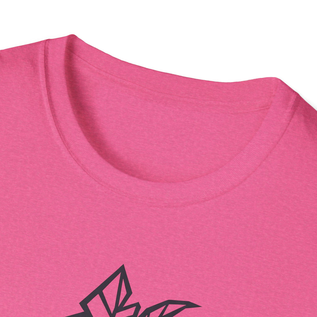 Pink T-shirt close-up of crew neck with partial geometric tree and moon graphic