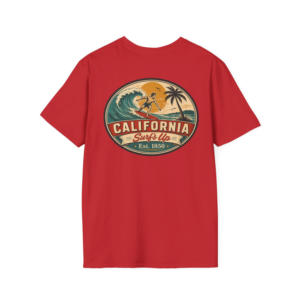 Red T-shirt with large oval California Surf's Up graphic on the chest