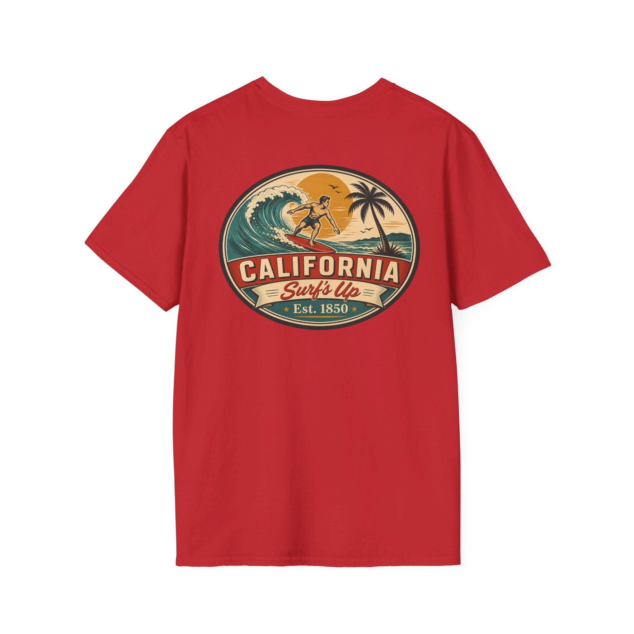 Red T-shirt with large oval California Surf's Up graphic on the chest