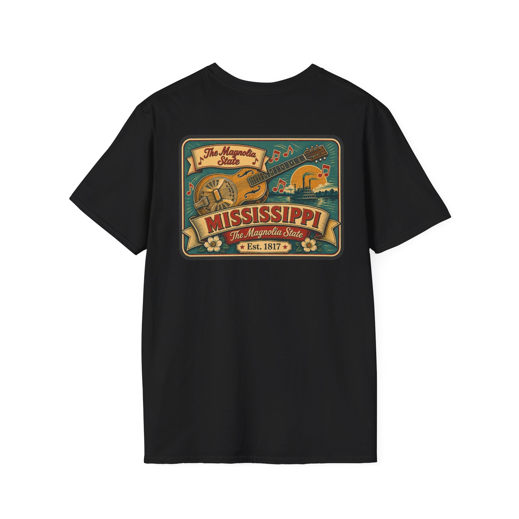 Black Mississippi Riverboat T-shirt with colorful Mississippi front graphic