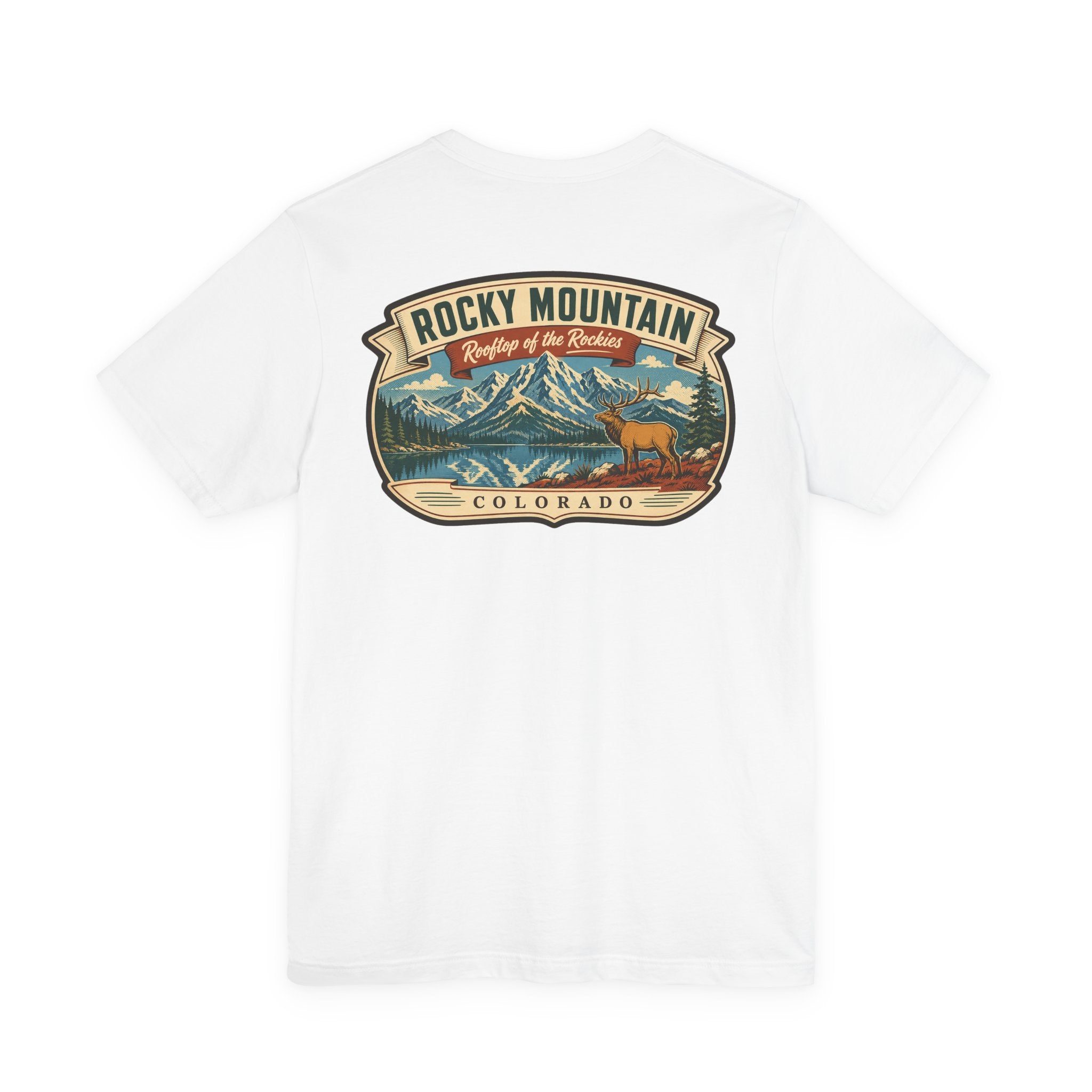 White T-shirt with Rocky Mountain Colorado retro mountain and elk graphic on chest