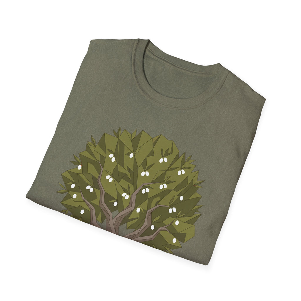 Olive green twisted olive tree T-shirt with green foliage and white olives