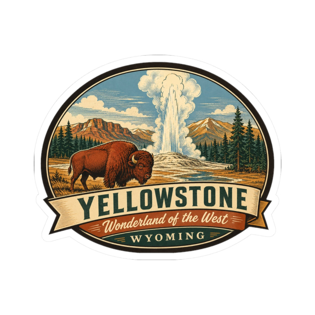 Round Yellowstone travel sticker featuring bison, geyser, landscape mountains, and Wyoming