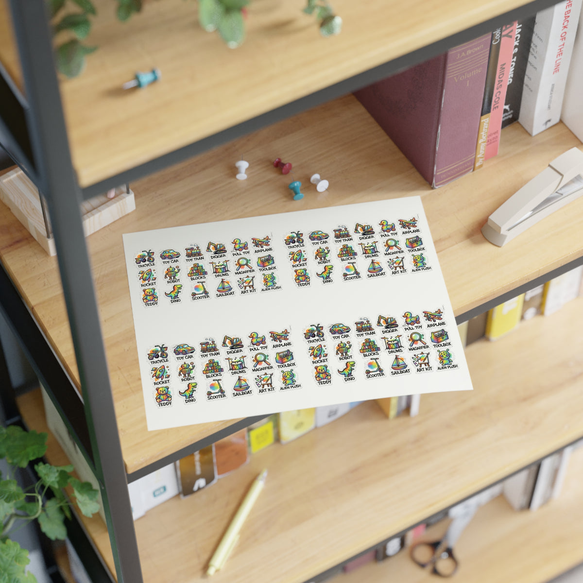 Toy icon sticker sheet with die-cut labels displayed on a wooden shelf