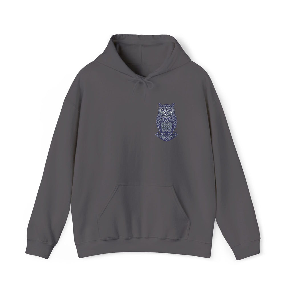 Dark gray unisex hoodie with blue owl chest print and front pouch pocket