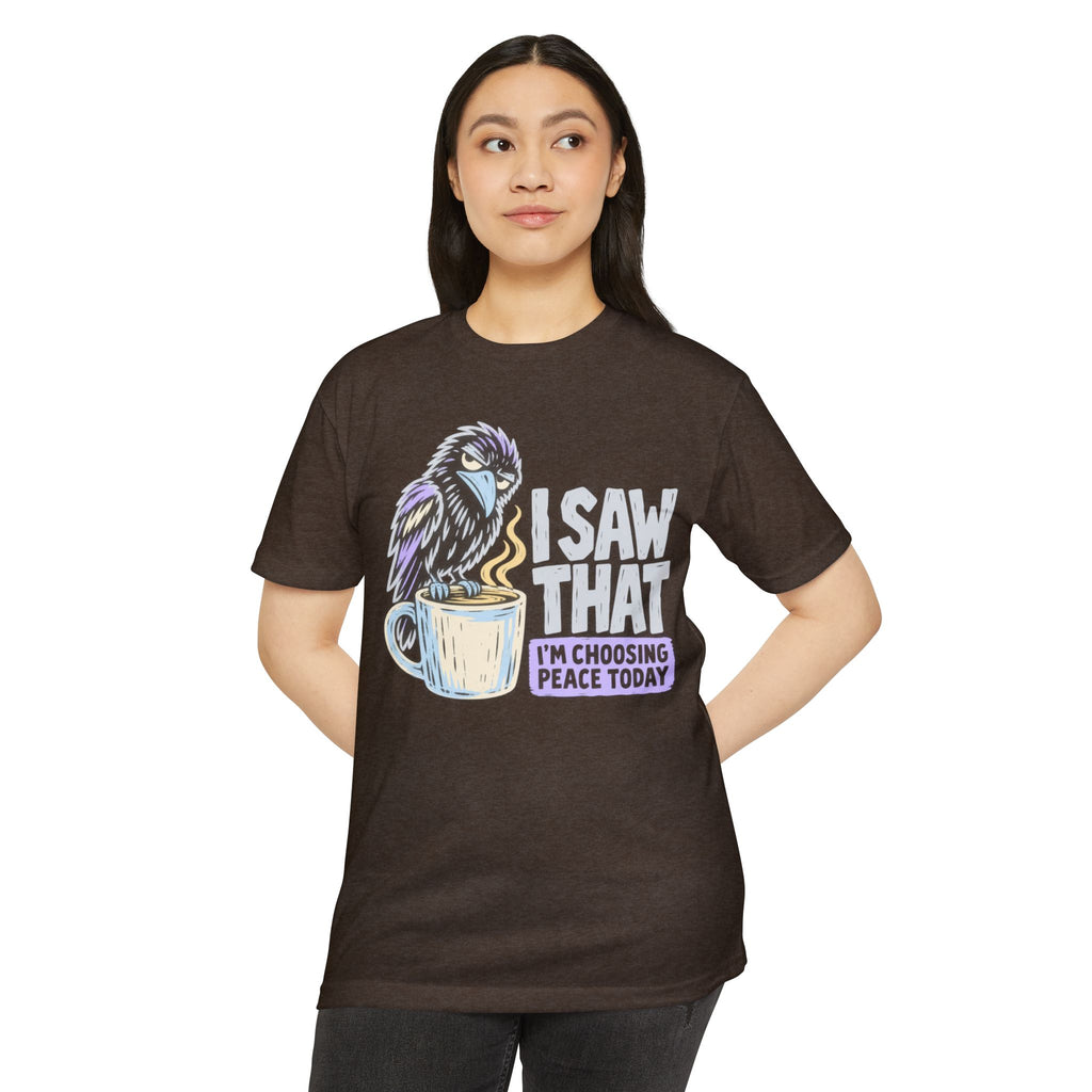 Brown crewneck t-shirt with raven and coffee cup peace slogan graphic on front