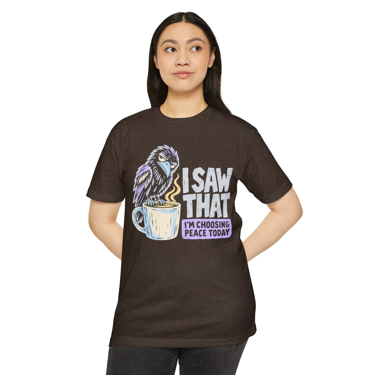 Brown crewneck t-shirt with raven and coffee cup peace slogan graphic on front