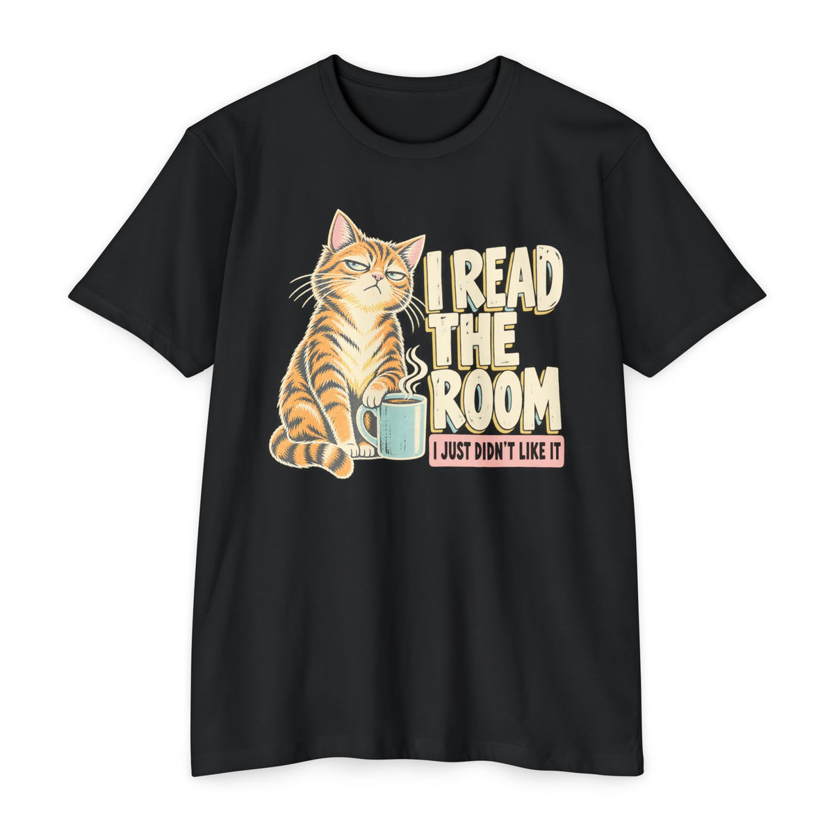 Black crew-neck short-sleeve cat T-shirt with “I Read the Room” graphic and mug