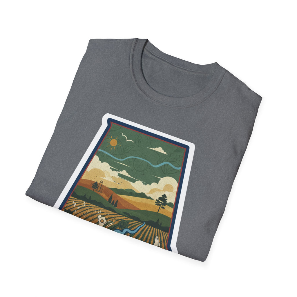 I Am Alabama T-shirt with folded fabric, showing full landscape illustration