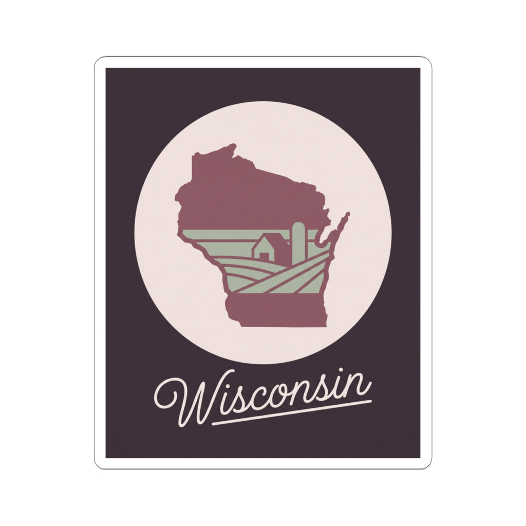 Wisconsin kiss-cut decal sticker: maroon state outline on dark square with “Wisconsin”