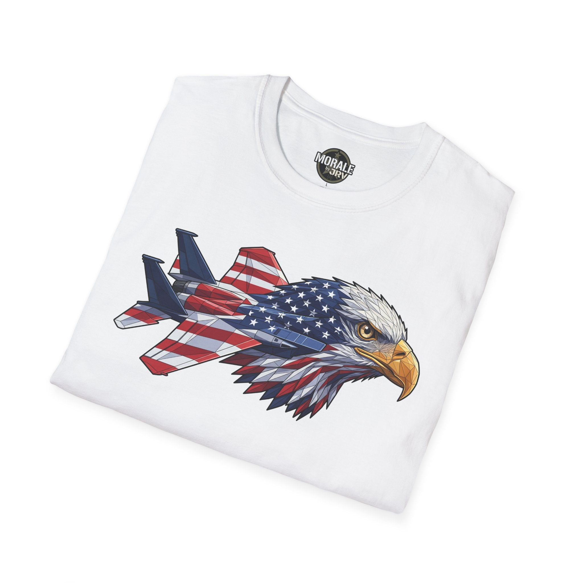 White T-shirt with bald eagle head and USA flag graphic on the front