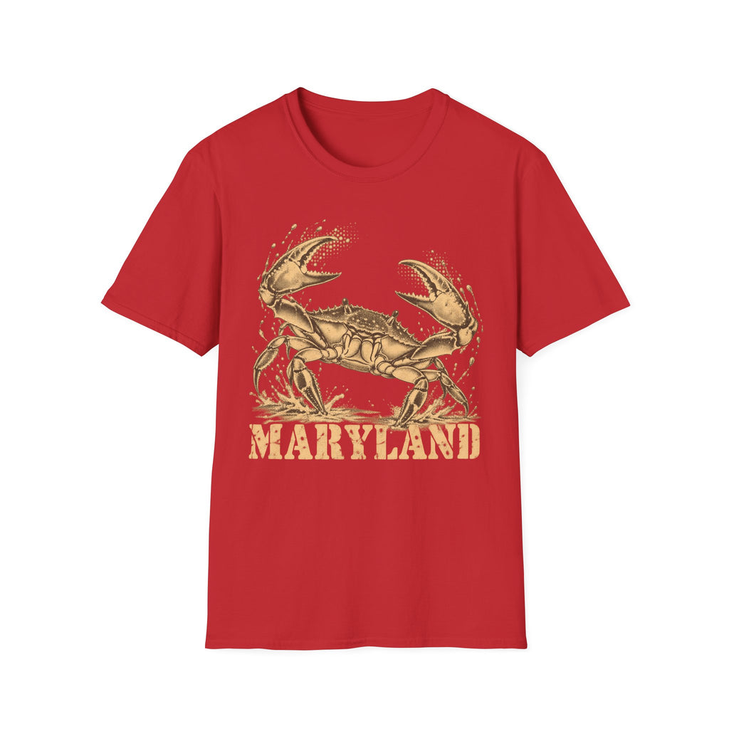 Red short-sleeve T-shirt with gold crab graphic and “Maryland” text