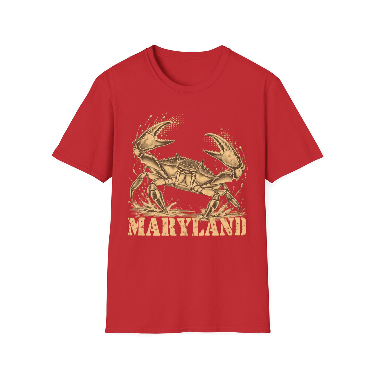 Red short-sleeve T-shirt with gold crab graphic and “Maryland” text