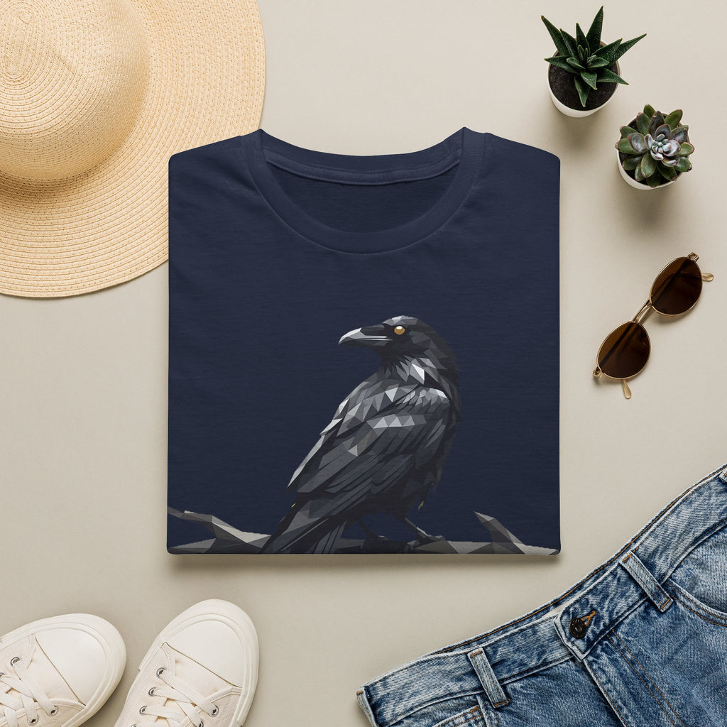 Navy raven t-shirt with a sitting crow graphic on the front