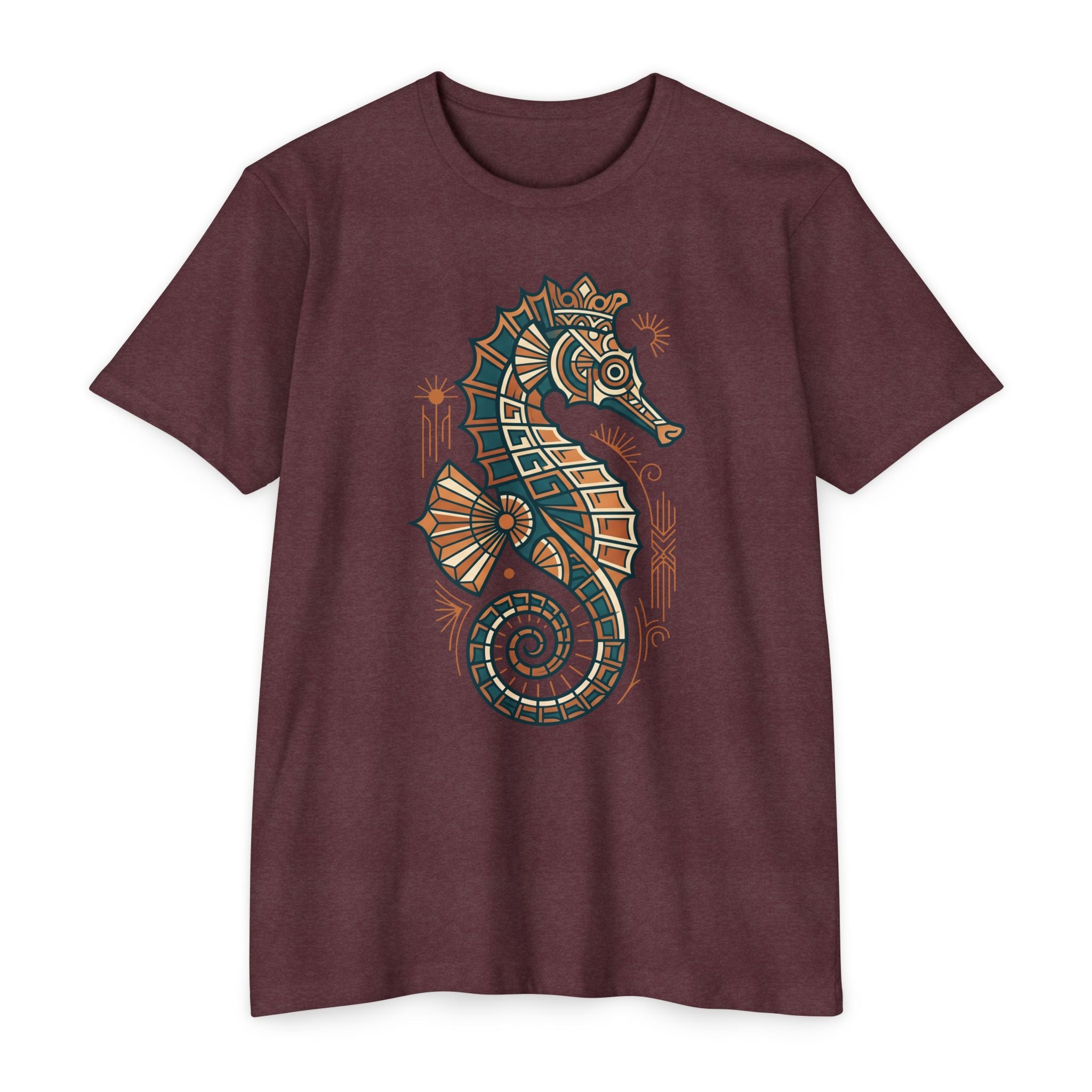 Maroon unisex T-shirt with colorful seahorse mosaic graphic on the chest