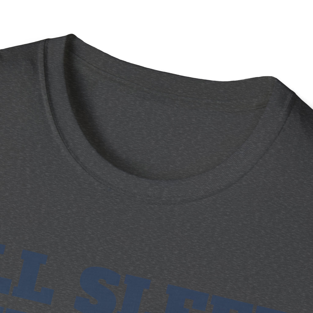 Dark charcoal heather T-shirt close-up of crew neck and partial blue graphic text