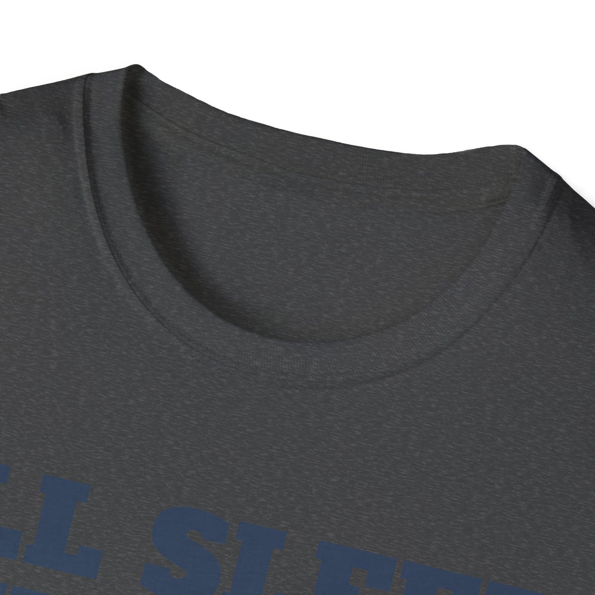 Dark charcoal heather T-shirt close-up of crew neck and partial blue graphic text