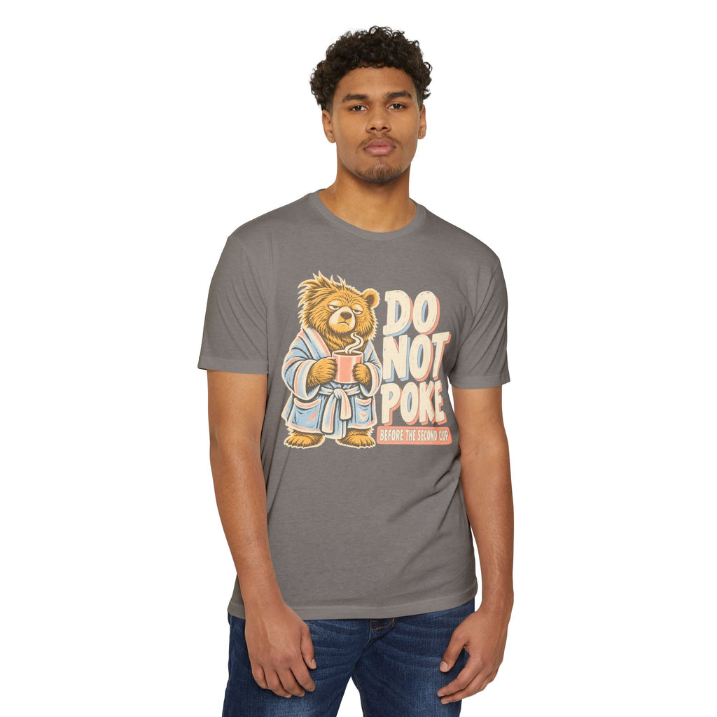 Gray T-shirt with grumpy bear graphic and “DO NOT POKE” text on front