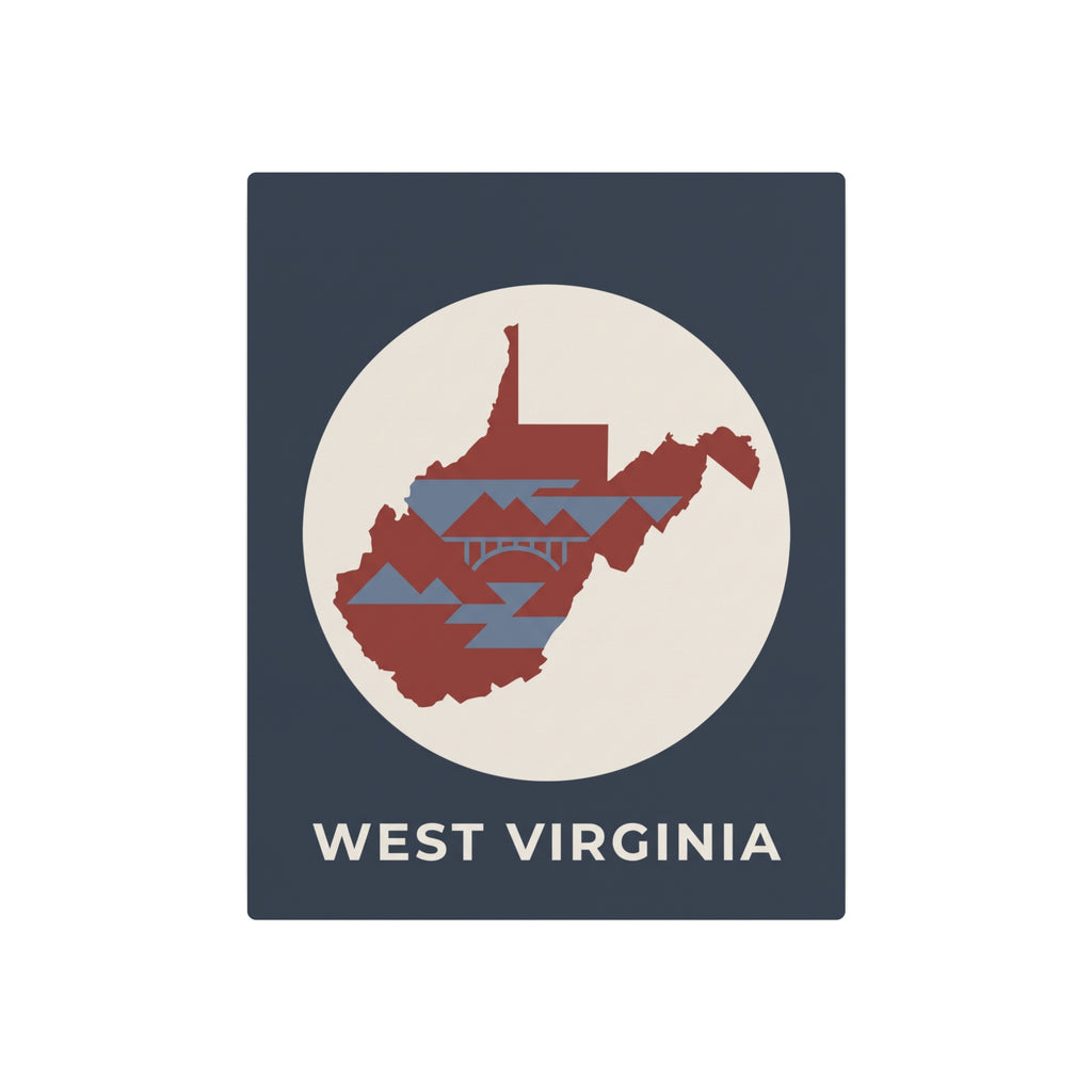 Square metal sign with circular West Virginia map graphic and white 'WEST VIRGINIA' lettering.