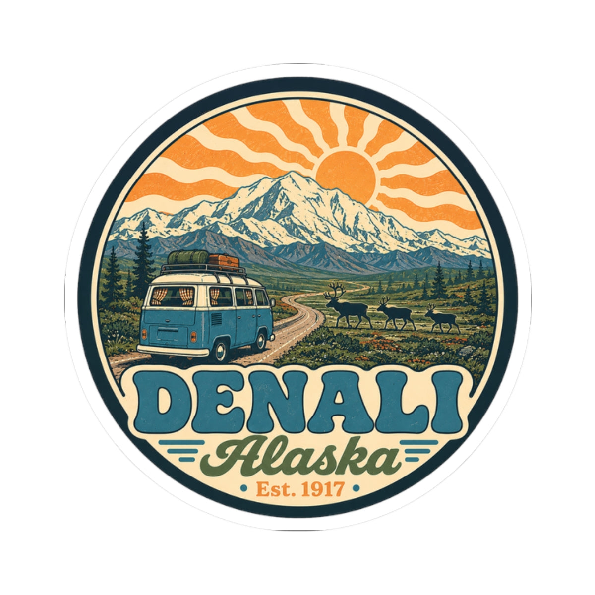 Round sticker with Denali Alaska lettering, mountain scenery, sun rays, and teal van