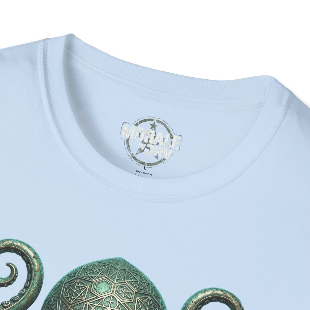 Light blue t-shirt with round neck and small chest logo print
