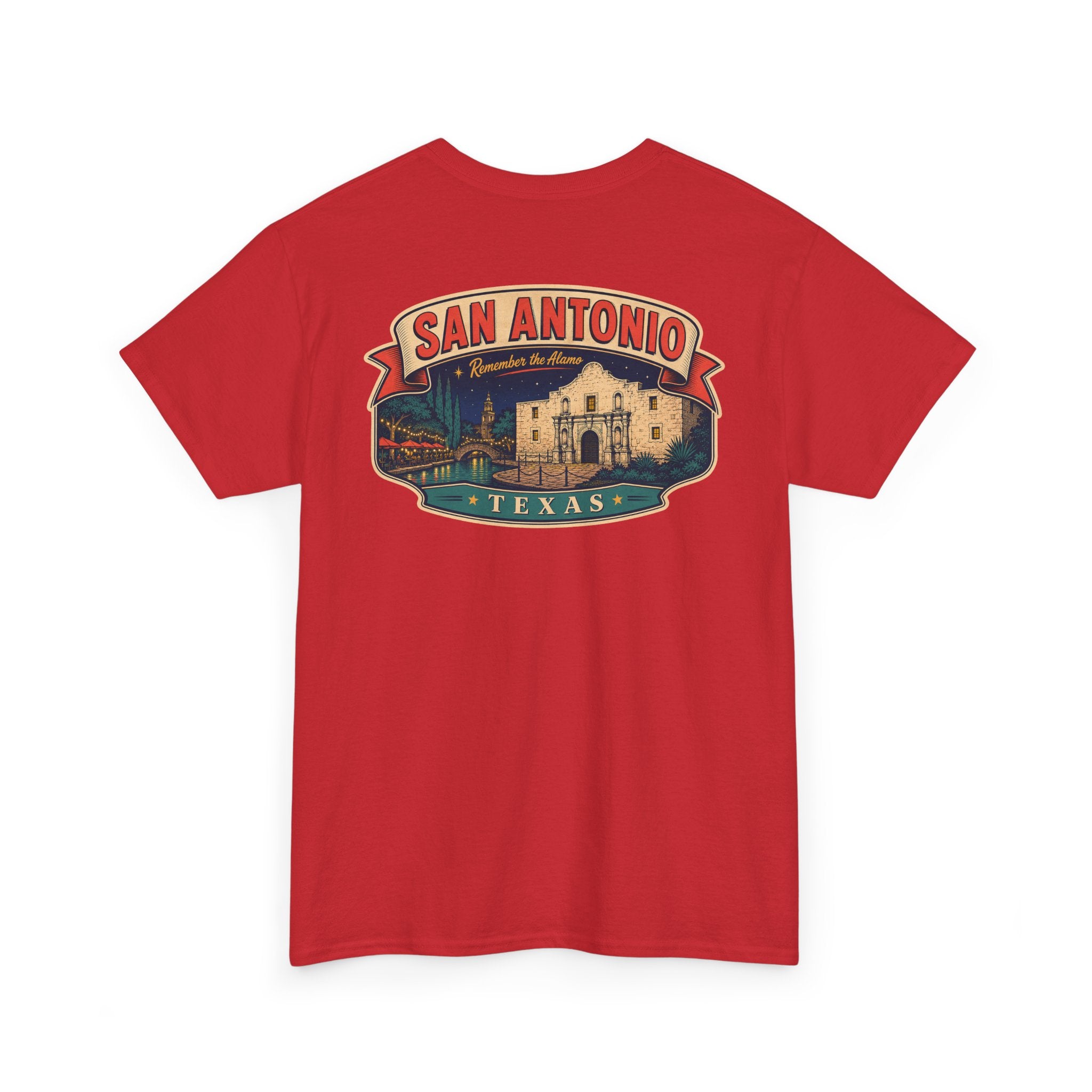 Red San Antonio Texas city badge T-shirt with crew neck short sleeves