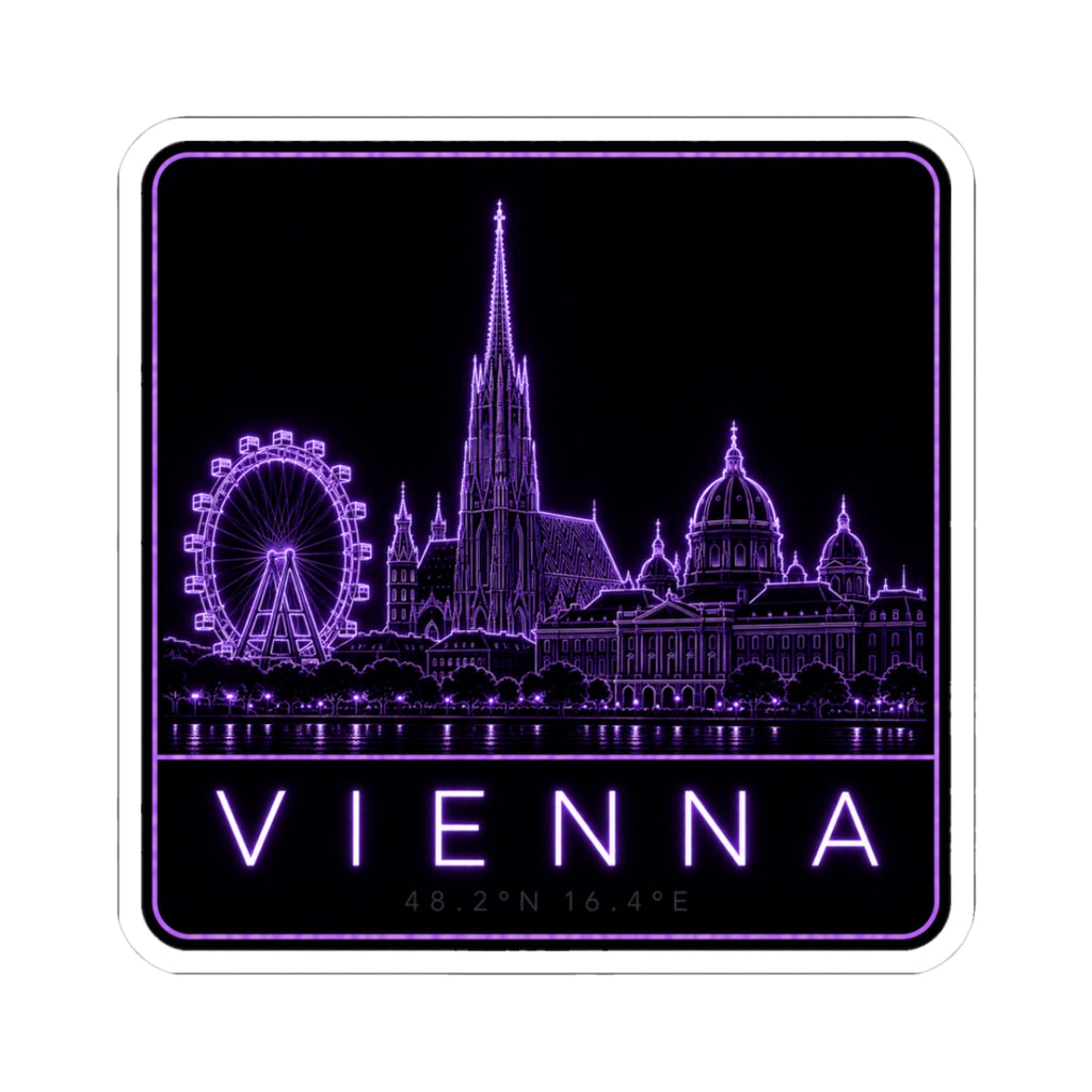 Neon Vienna skyline kiss-cut sticker with purple Ferris wheel and cathedral view
