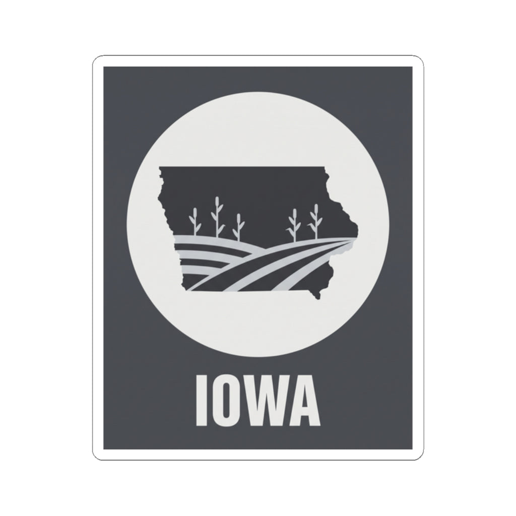 Iowa farmland graphic sticker: bold black design, white circle emblem, and “IOWA” at the bottom