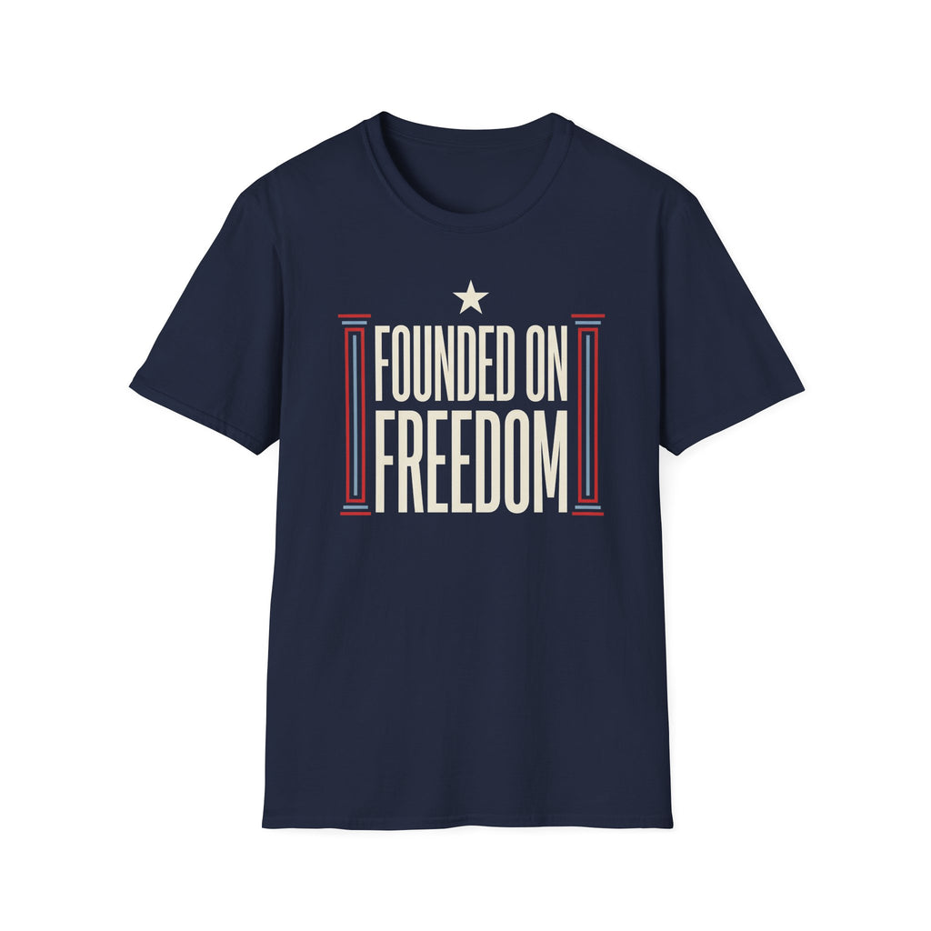 Navy crewneck T-shirt with star and freedom text graphic