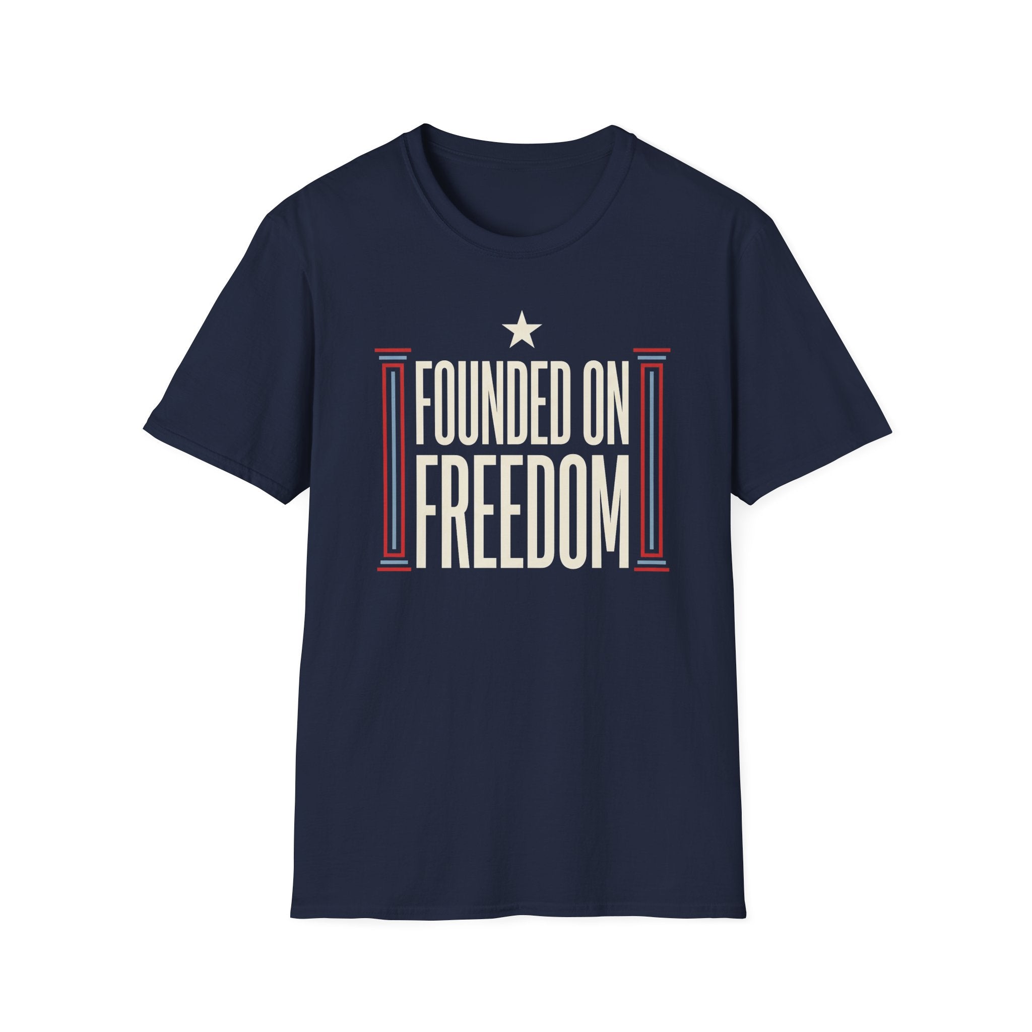 Navy crewneck T-shirt with star and freedom text graphic