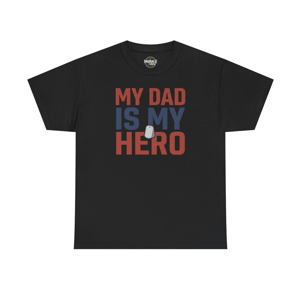 Men's black graphic T-shirt with 'MY DAD IS MY HERO' text and dog tag icon