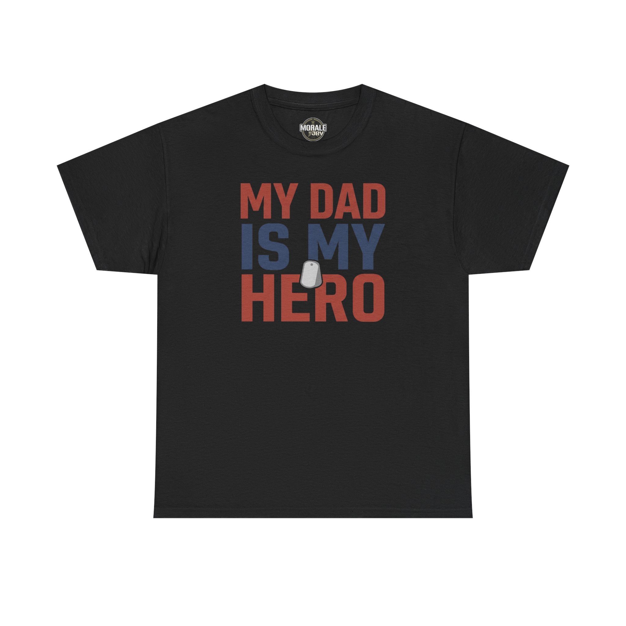 Men's black graphic T-shirt with 'MY DAD IS MY HERO' text and dog tag icon