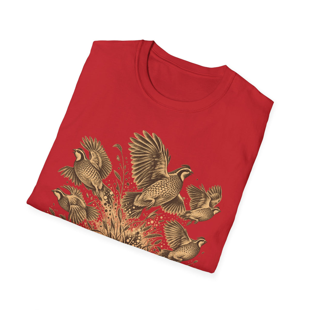 Red crew-neck T-shirt with gold upland birds graphic on front