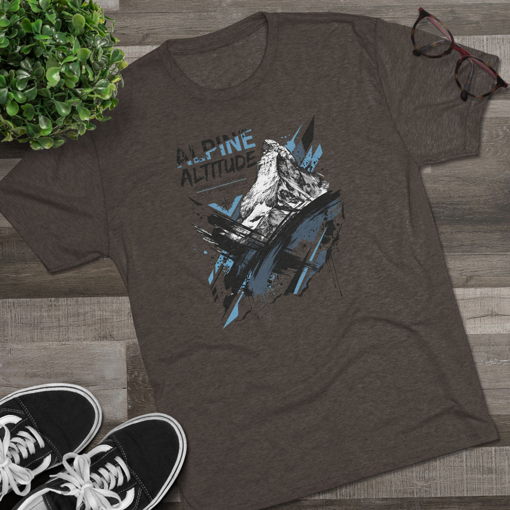 Dark brown crew-neck T-shirt with Alpine Altitude mountain peak graphic on front