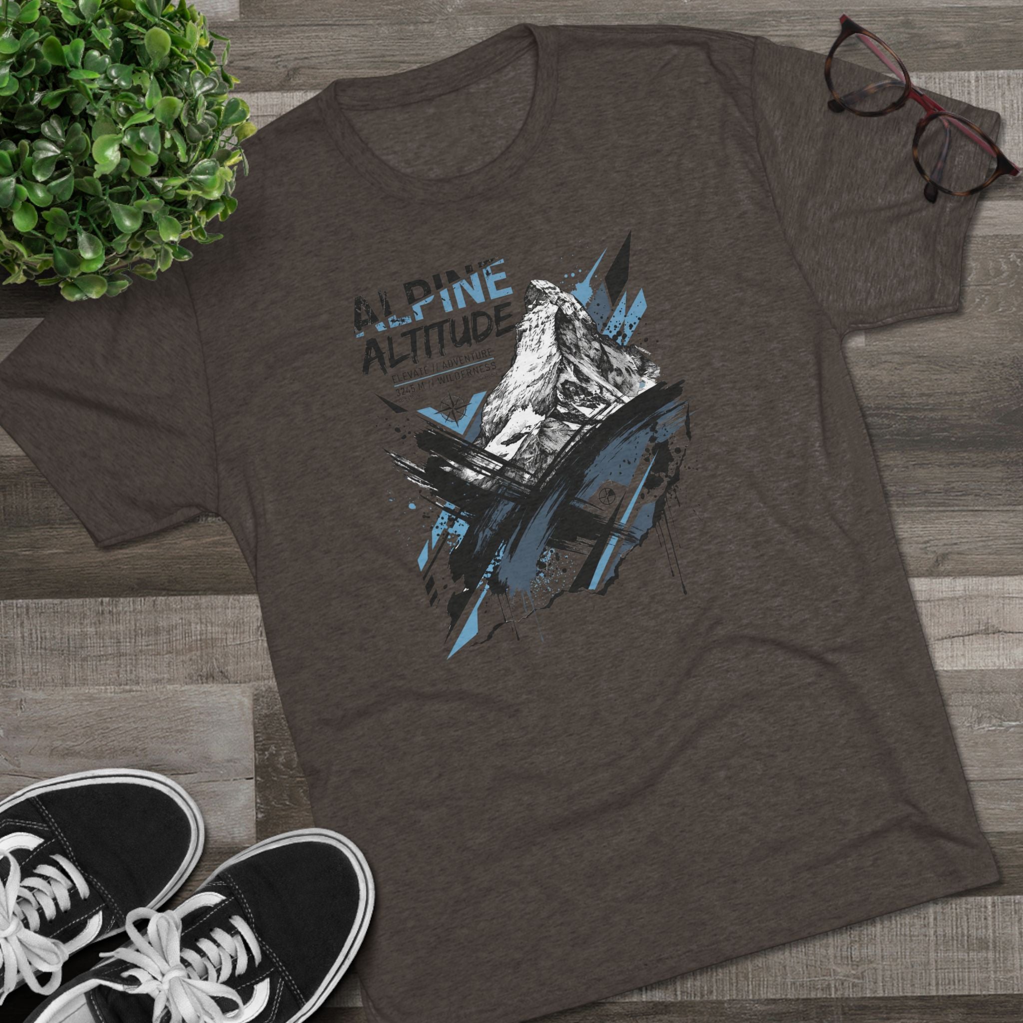 Dark brown crew-neck T-shirt with Alpine Altitude mountain peak graphic on front