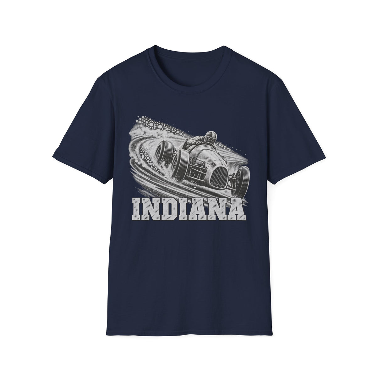 Navy T-shirt with vintage open-wheel race car and Indiana graphic on chest