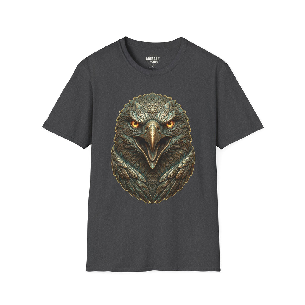 Dark heather T-shirt, realistic eagle head print with golden eyes