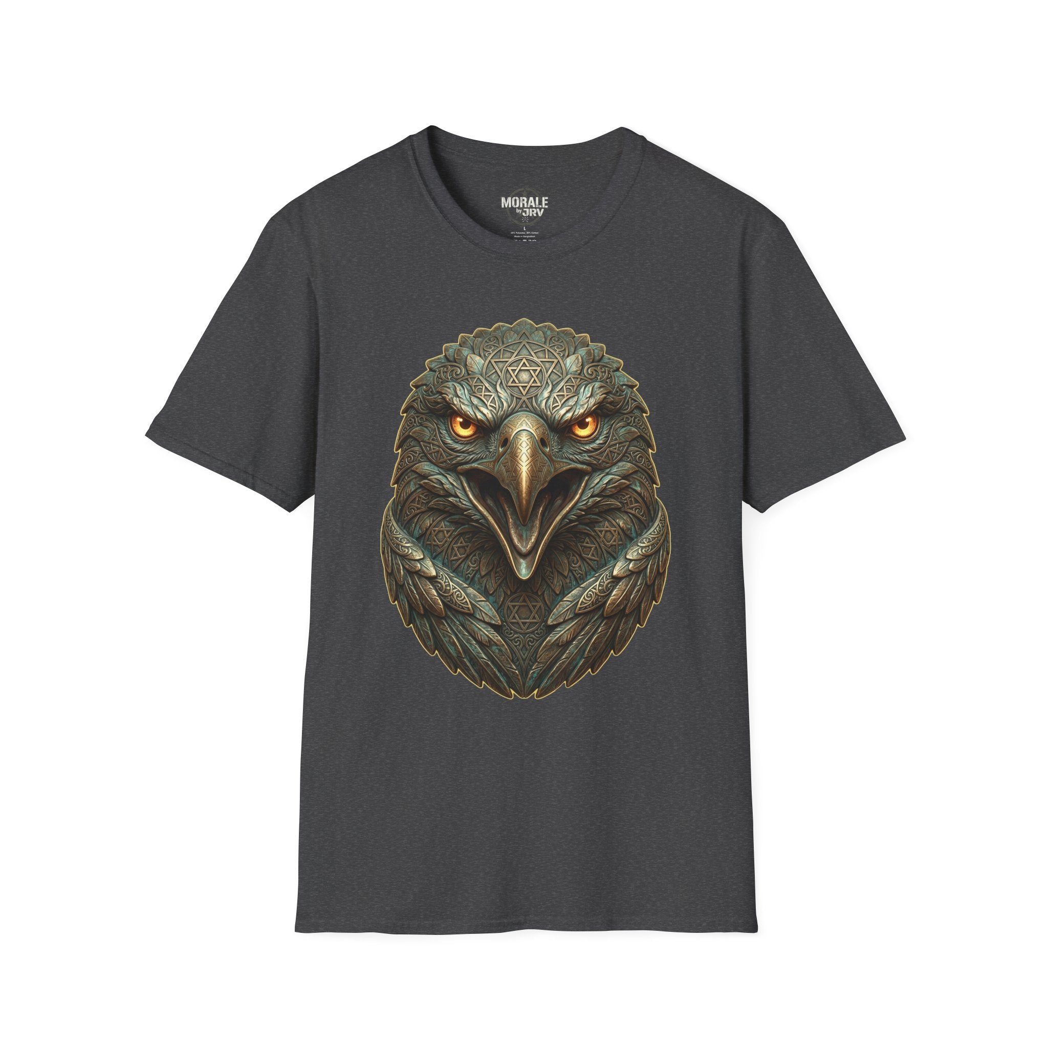 Dark heather T-shirt, realistic eagle head print with golden eyes