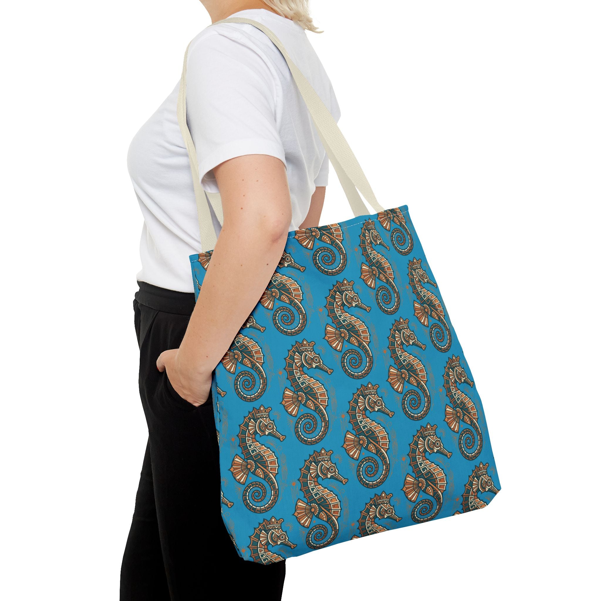 Ocean-blue tote bag with steampunk seahorse pattern and navy shoulder straps