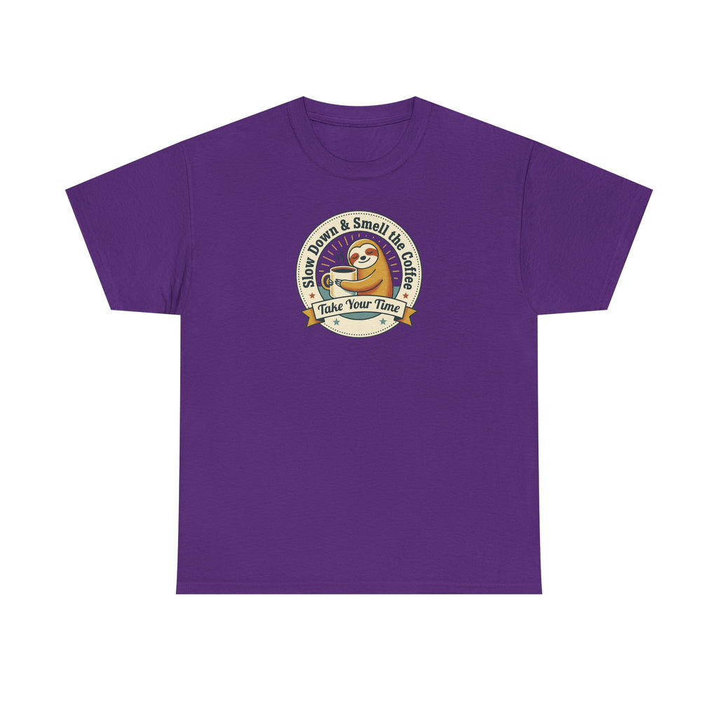 Purple sloth graphic T-shirt with circular Take Your Time badge print