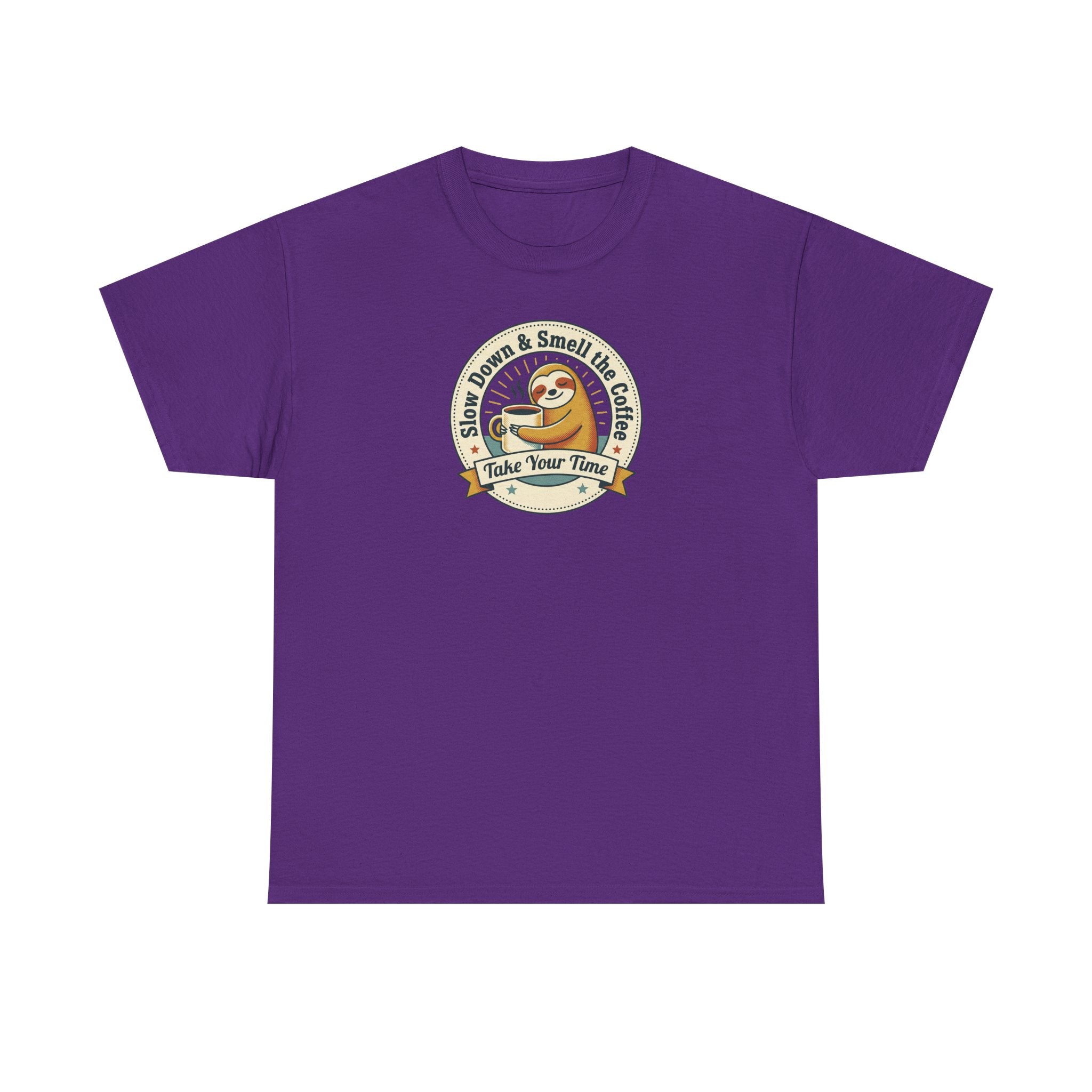 Purple sloth graphic T-shirt with circular Take Your Time badge print