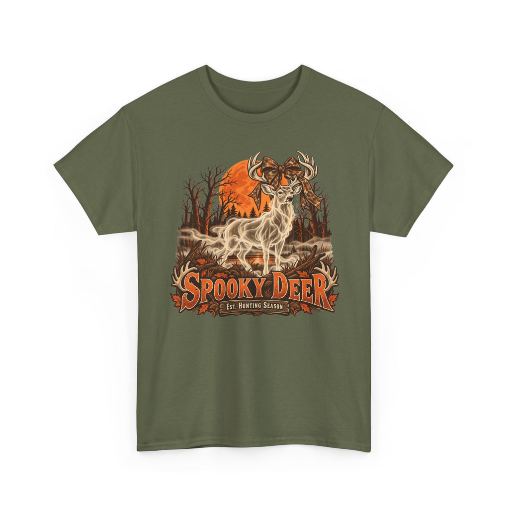 Dark olive green T-shirt with orange ghost deer hunting graphic on chest
