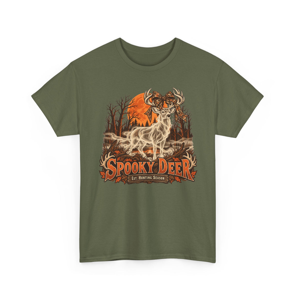 Dark olive green T-shirt with orange ghost deer hunting graphic on chest