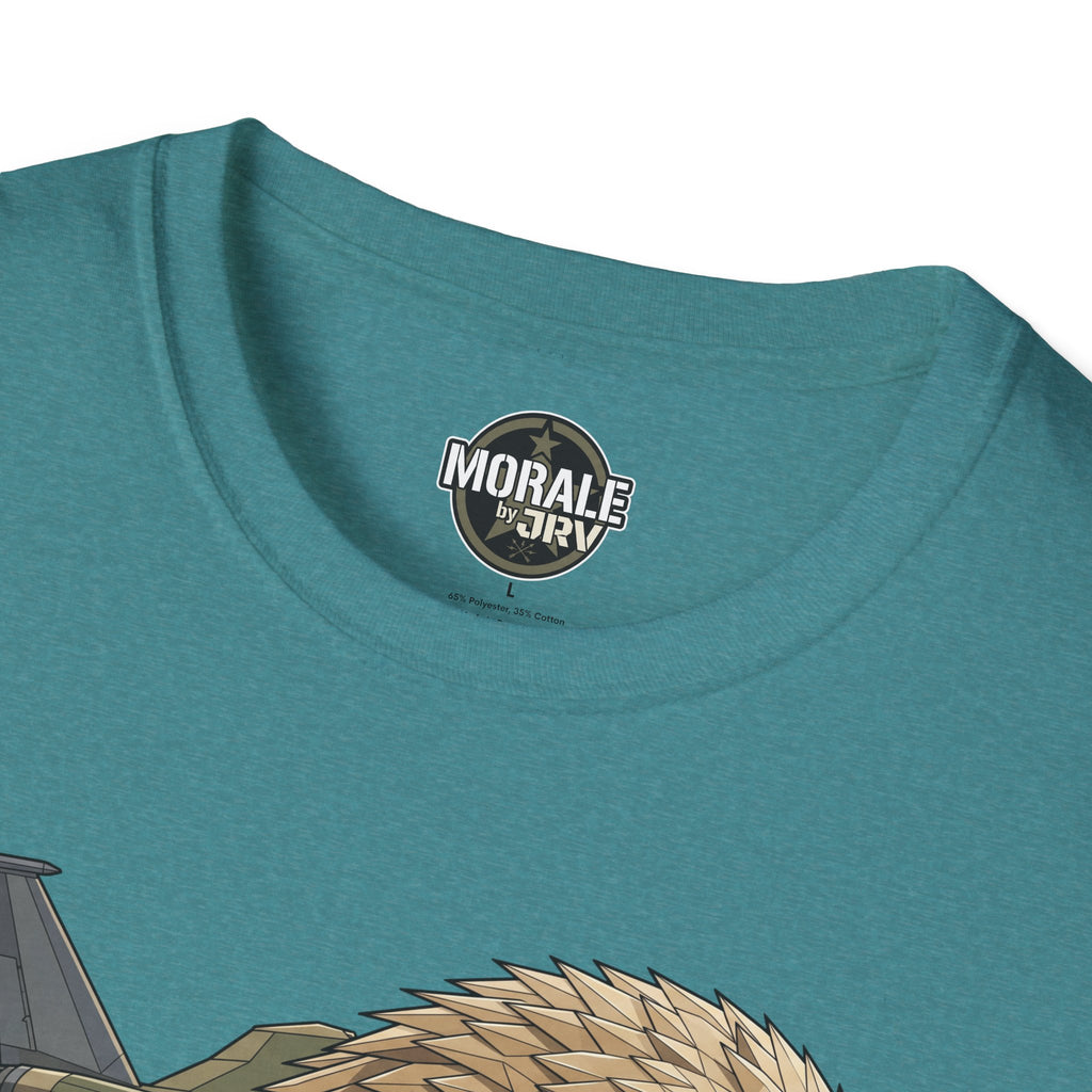 Teal/green T-shirt close-up: “MORAL by JRI” chest badge with fighter jet graphic