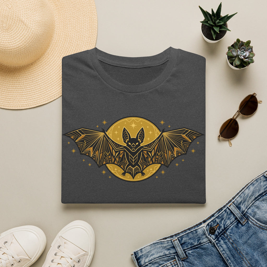Charcoal graphic T-shirt with gold bat moon and winged stars