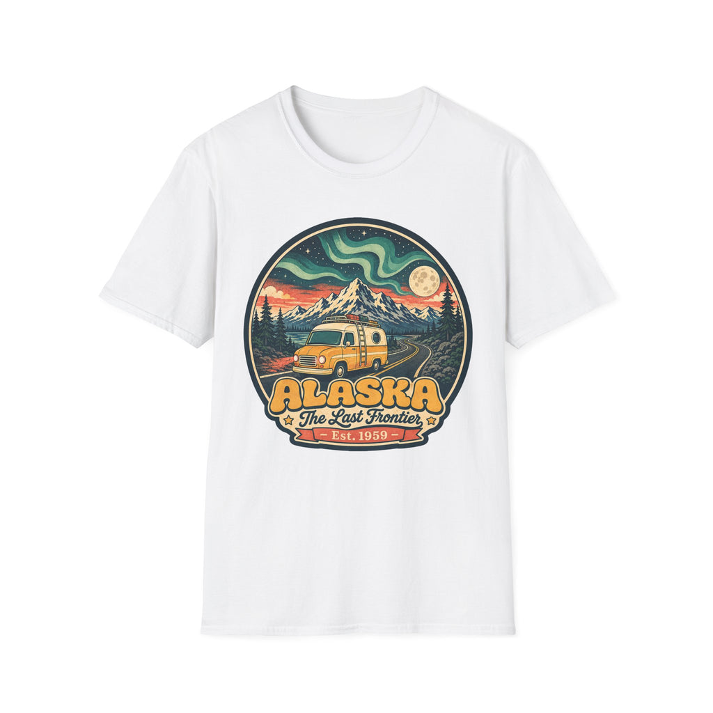 Unisex graphic T-shirt, white, round Alaska logo with mountain and cabin vehicle art