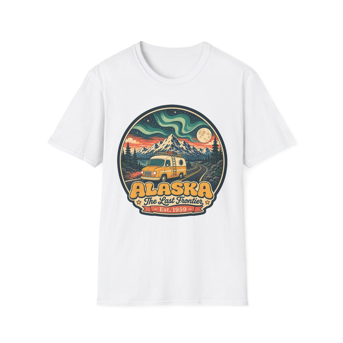 Unisex graphic T-shirt, white, round Alaska logo with mountain and cabin vehicle art
