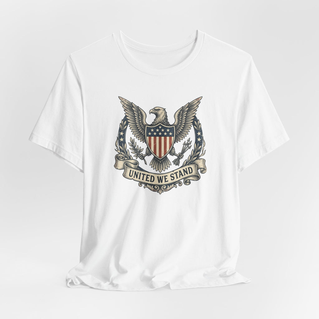 White T-shirt with eagle shield crest and laurel graphic centered on the chest