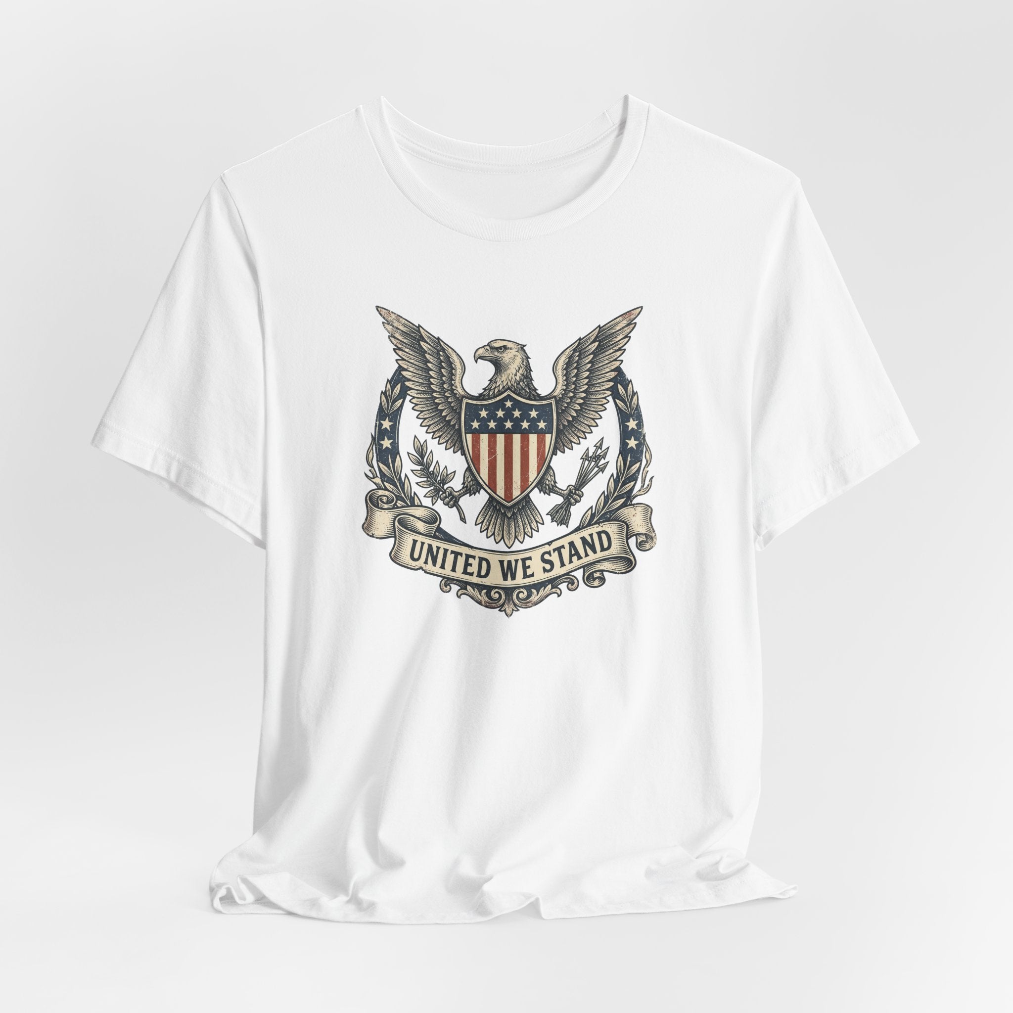 White T-shirt with eagle shield crest and laurel graphic centered on the chest